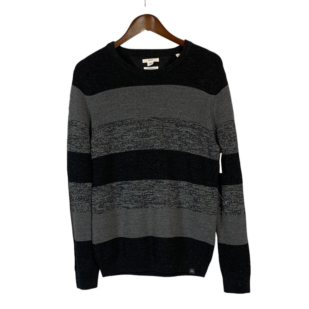BRAX Rick Feel Good Sportive Stripe Wool Blend Crewneck Sweater - Black Grey - S